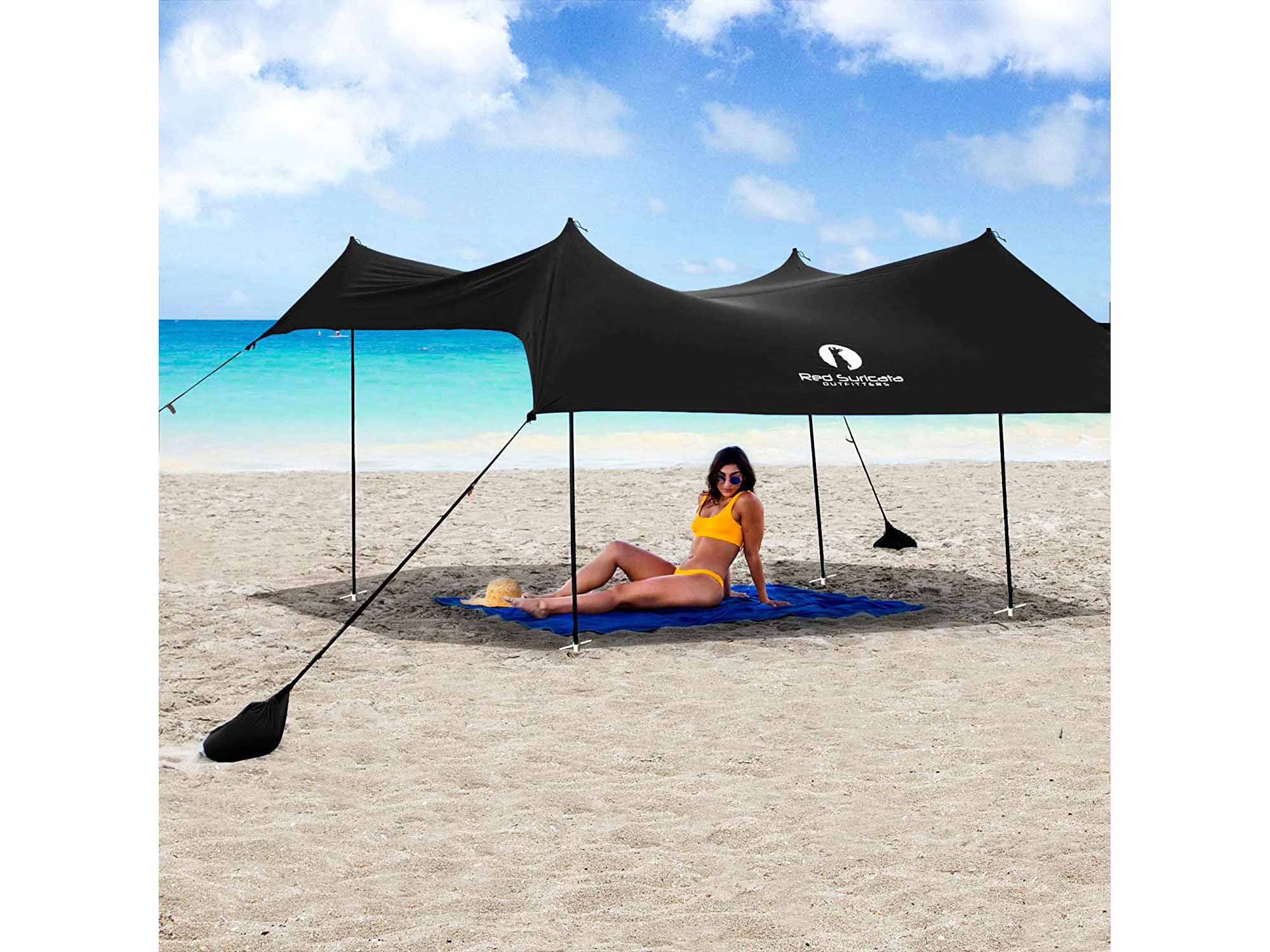 Red Suricata Family Beach Sunshade - Sun Shade Canopy | UPF50 UV Protection | Tent with 4 Aluminum Poles, 4 Pole Anchors, 4 Sandbag Anchors | Large & Portable Shelter Tarp