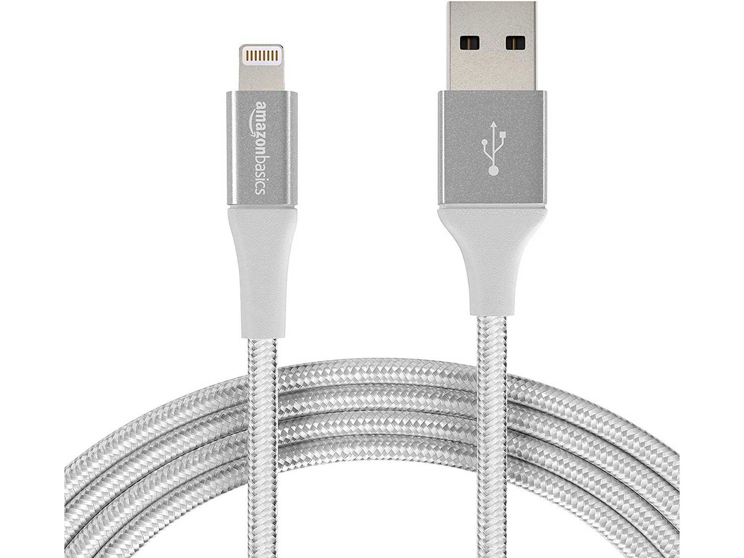 AmazonBasics Double Braided Nylon Lightning to USB Cable, Durability Rated 6,000 Bends, MFi Certified iPhone Charger, Silver, 10 Feet