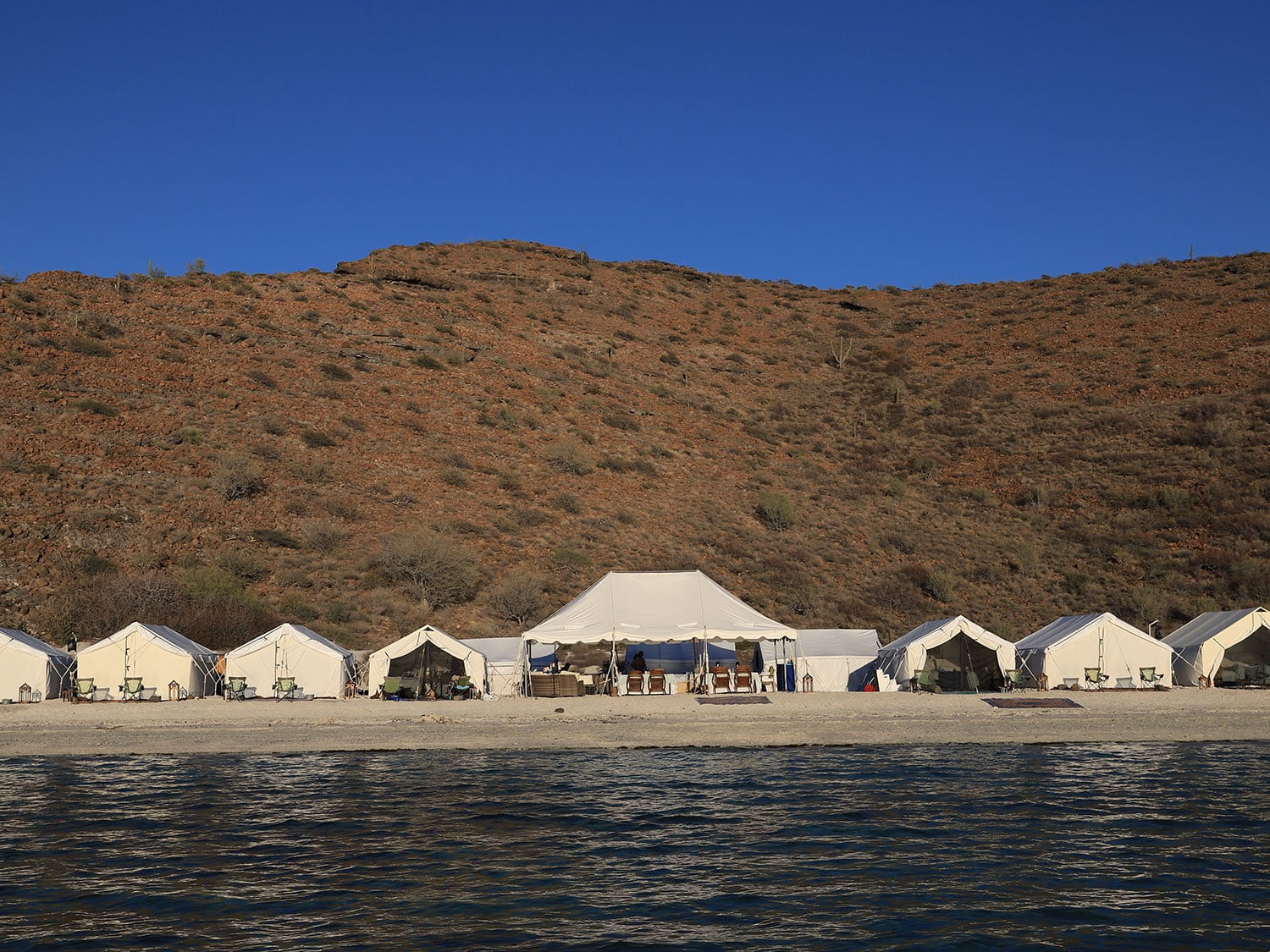 A lineup of tents on a beach.