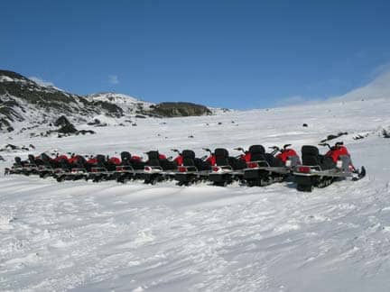 Snowmobiling on the Myrnajokull glacier.