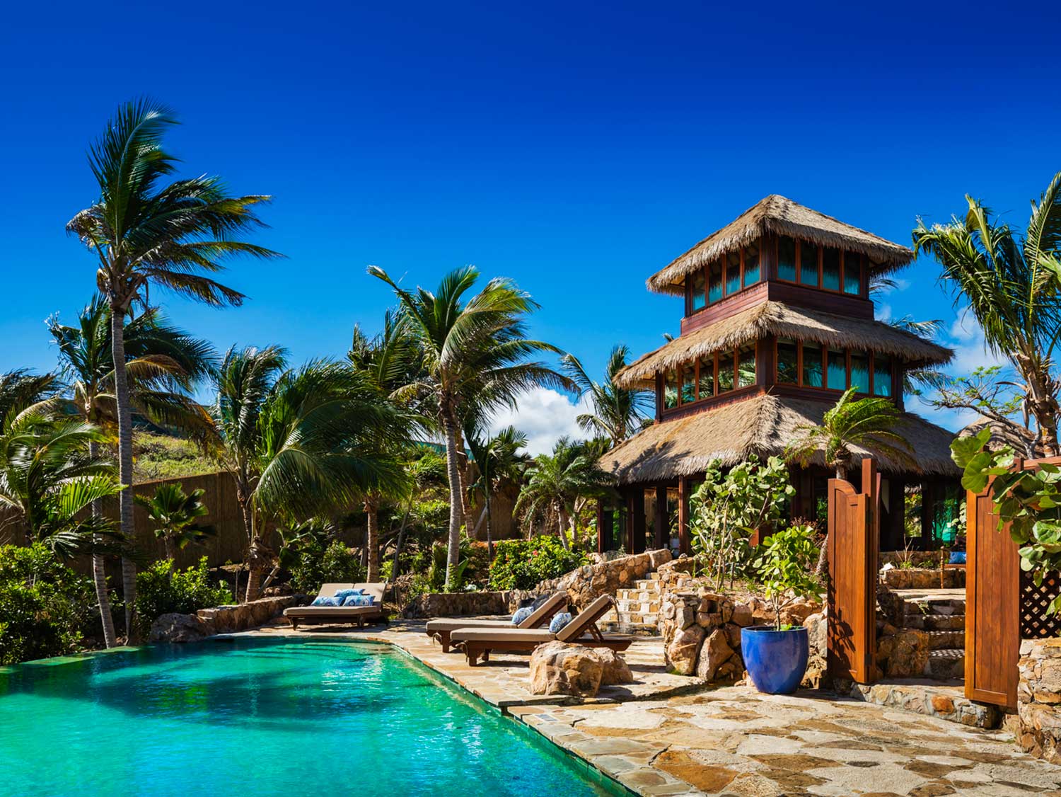 The Bali Lo property pool on Necker Island.