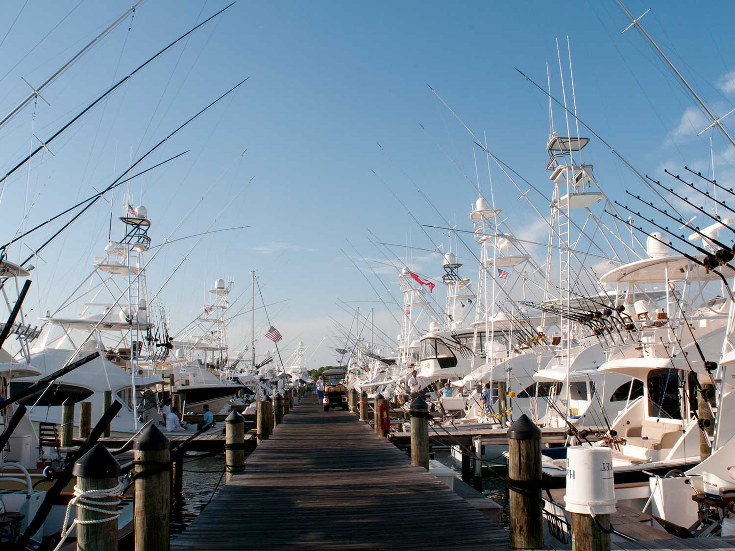 A fleet of sport-fishing boats at a dock.