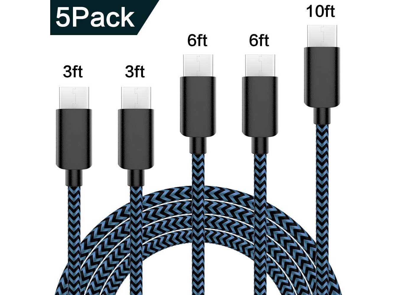 USB Type C Cable 5Pack (3/3/6/6/10FT) Nylon Braided USB C Cable Fast Charger Charging Cord Compatible Samsung Galaxy S9 S8 Note 9 Note 8 Plus,LG V30 G6 G5 V20,Google Pixel, Moto Z2 and More
