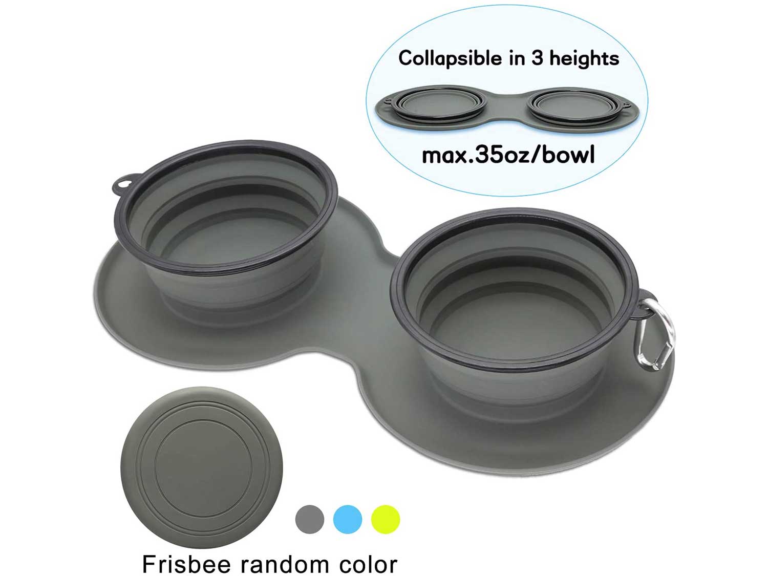 WINSEE Collapsible Dog Bowls with Mat, Portable Foldable Travel Dog Bowls, Expandable Cup Dish, No Spill Non-Skid Silicone Pet Food&Water Feeder Bowl with Free Frisbee& Carabiner, for Indoor, Outdoor