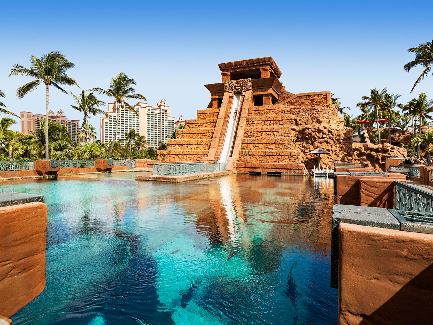 The Mayan Temple water slide at the Atlantis Paradise Island beach resort.