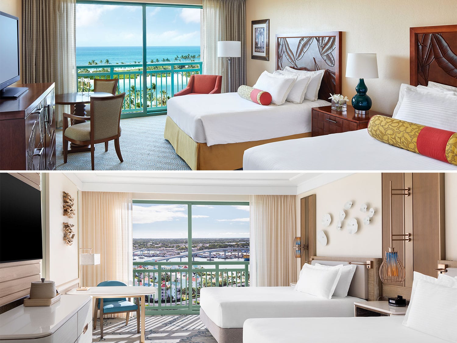 An image collage of two Island resort bedrooms.