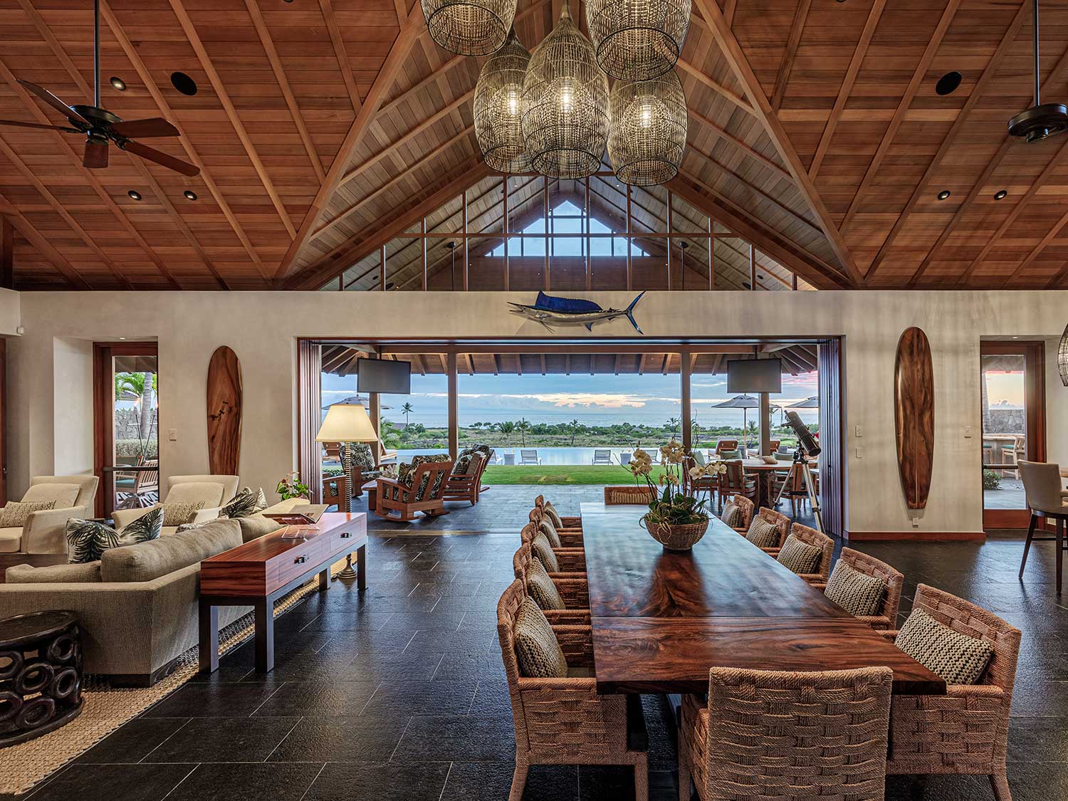 The interior design blends modern design with Hawaiian creativity