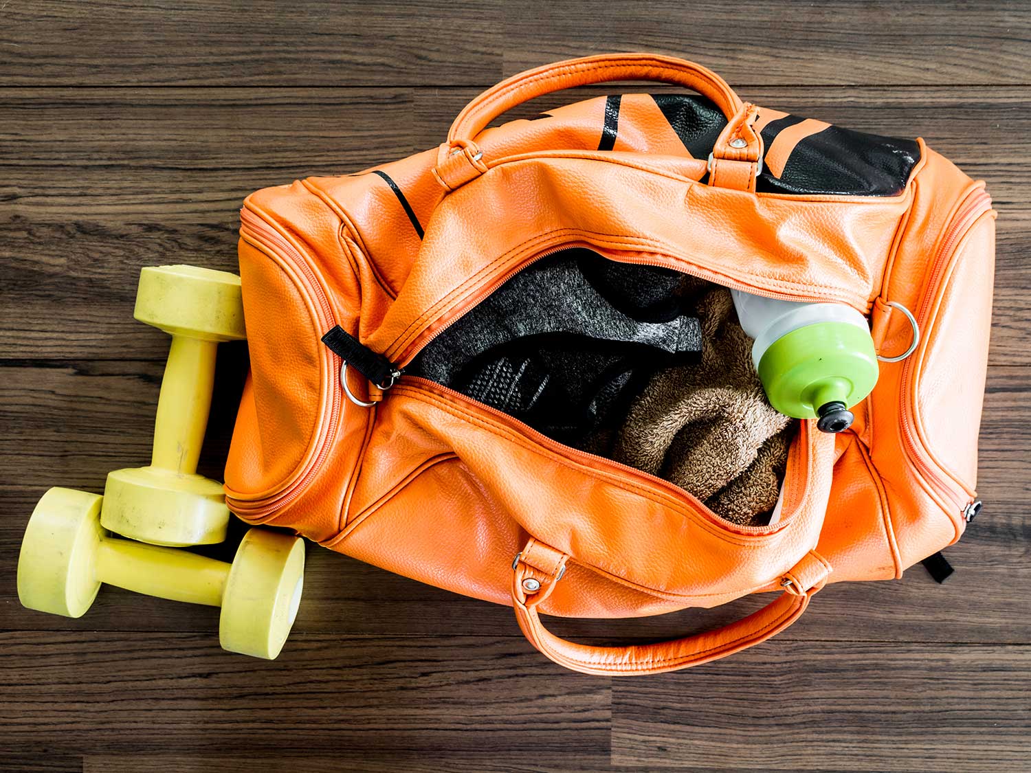 Fitness gear packed in bag.