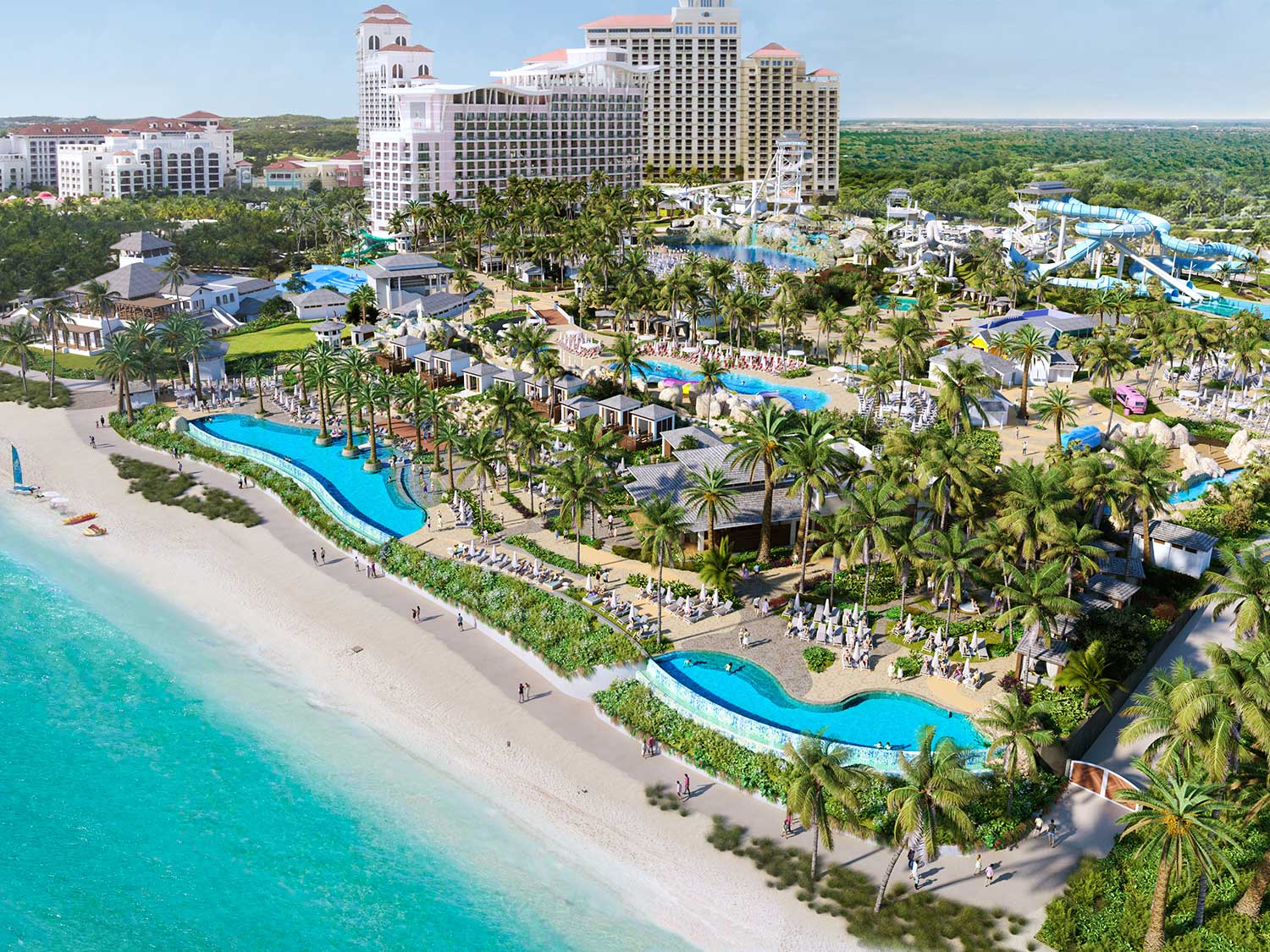 Aerial photograph of a beach-side resort water park with a lazy river.