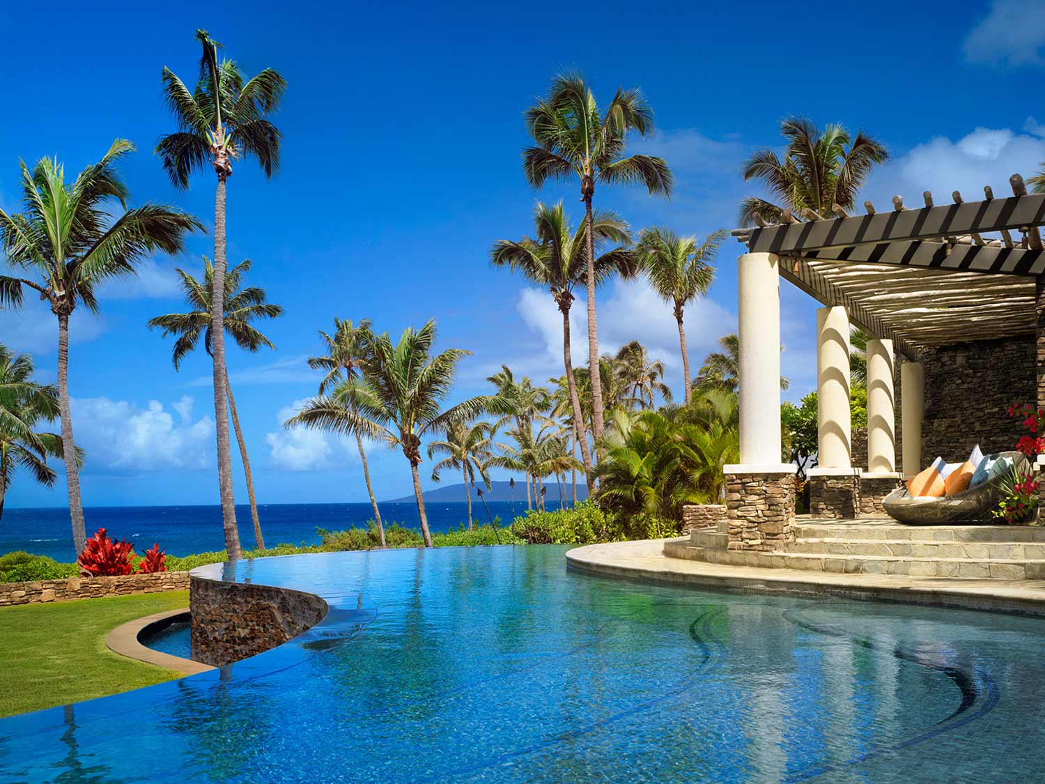 The cascading, three-level Sunset Pool at Montage Kapalua Bay