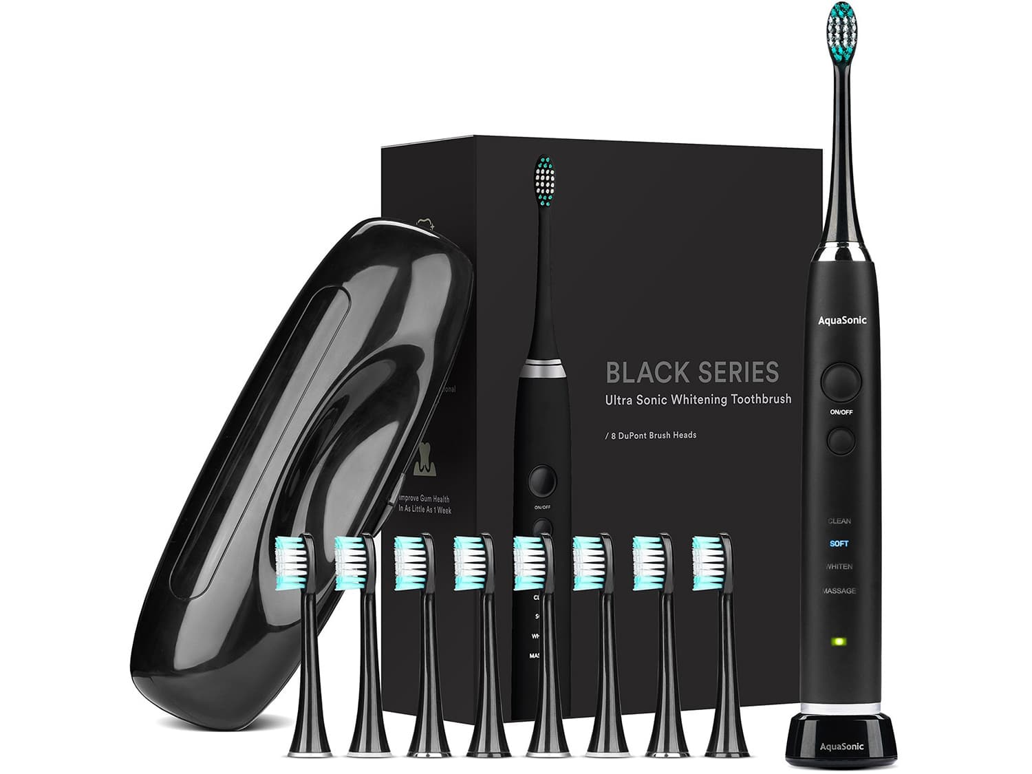 AquaSonic Black Series Ultra Whitening Toothbrush – ADA Accepted Rechargeable Toothbrush - 8 Brush Heads & Travel Case - Ultra Sonic Motor & Wireless Charging - 4 Modes w Smart Timer - Sonic Electric