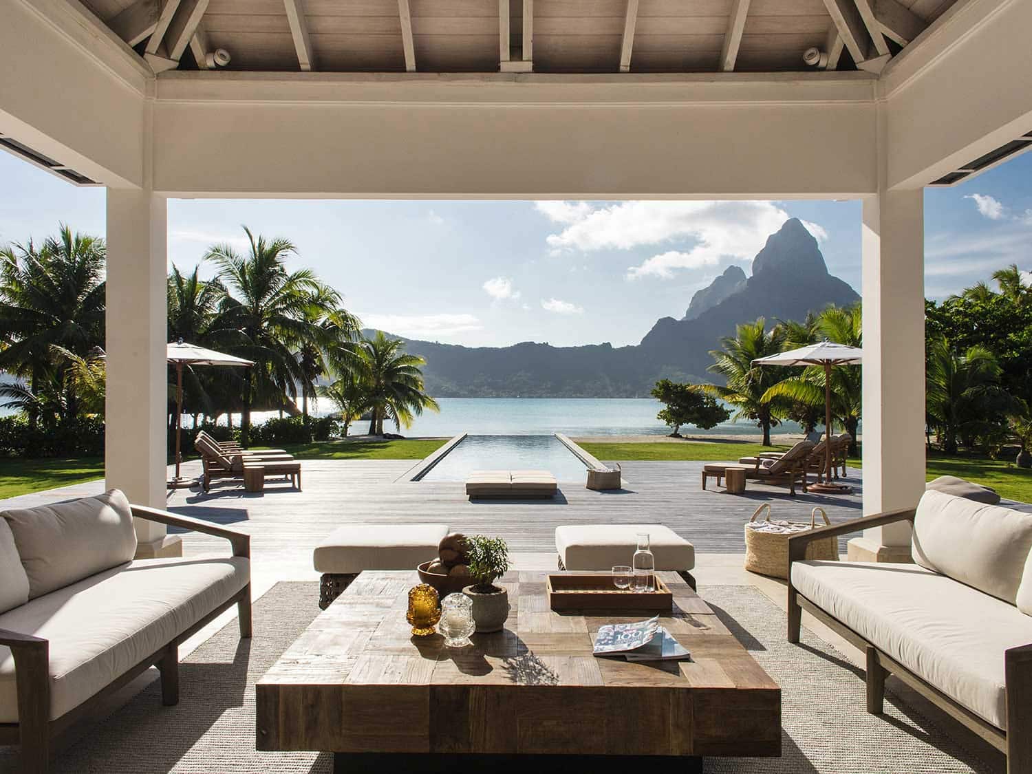 An outdoor lounge area at the Bora Bora One resort.