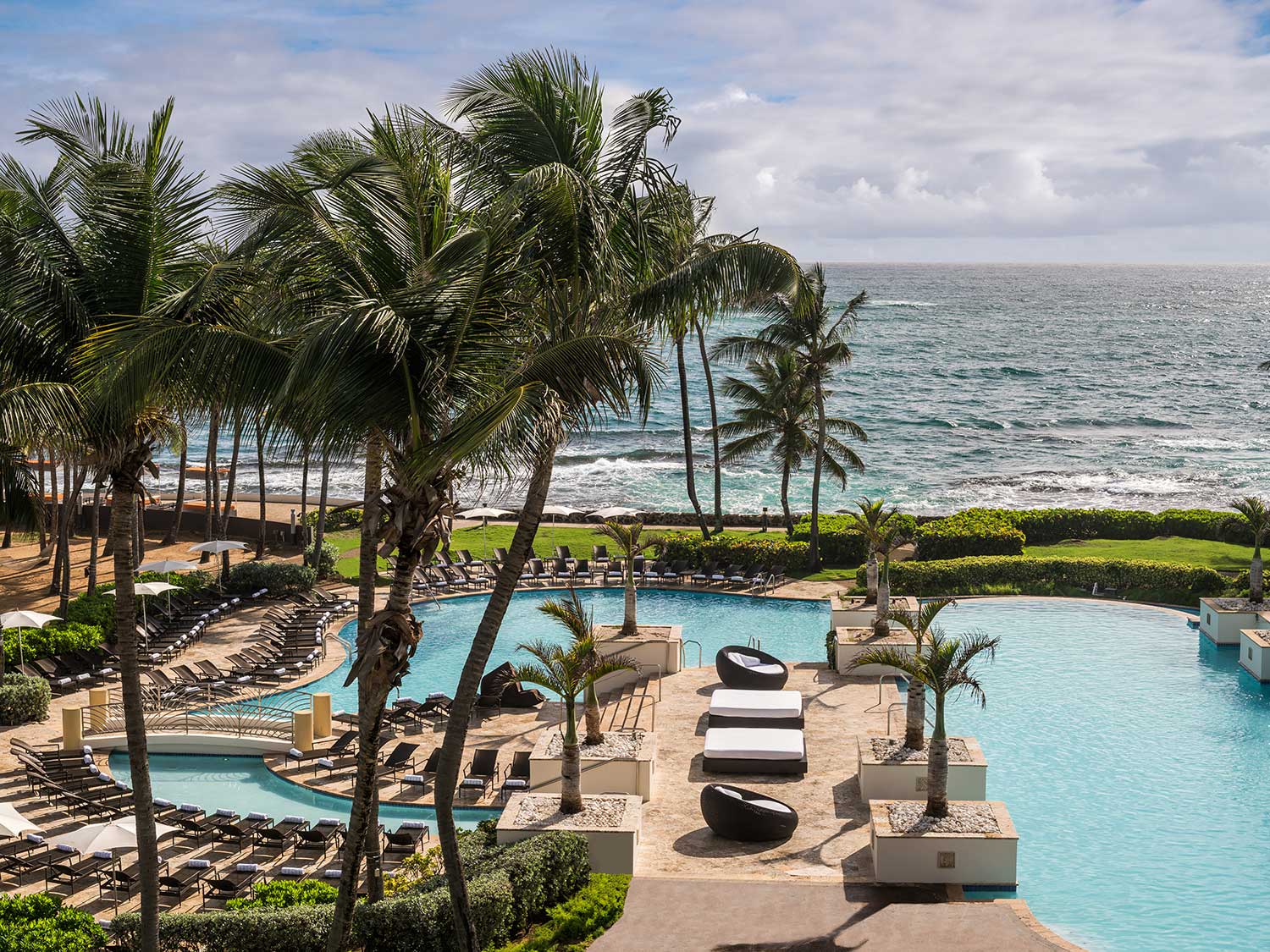 A beach pool and palm trees at an island beach resort.