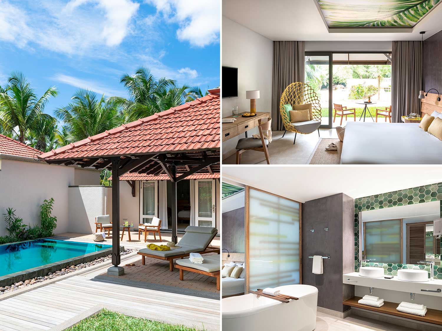 A collage of interior and exterior photos at a Seychelles resort.