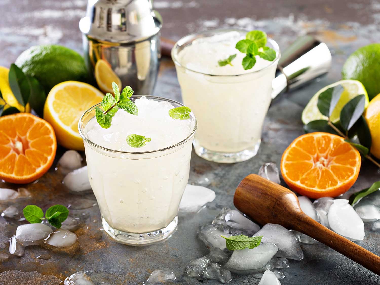 Two cocktails on a table.