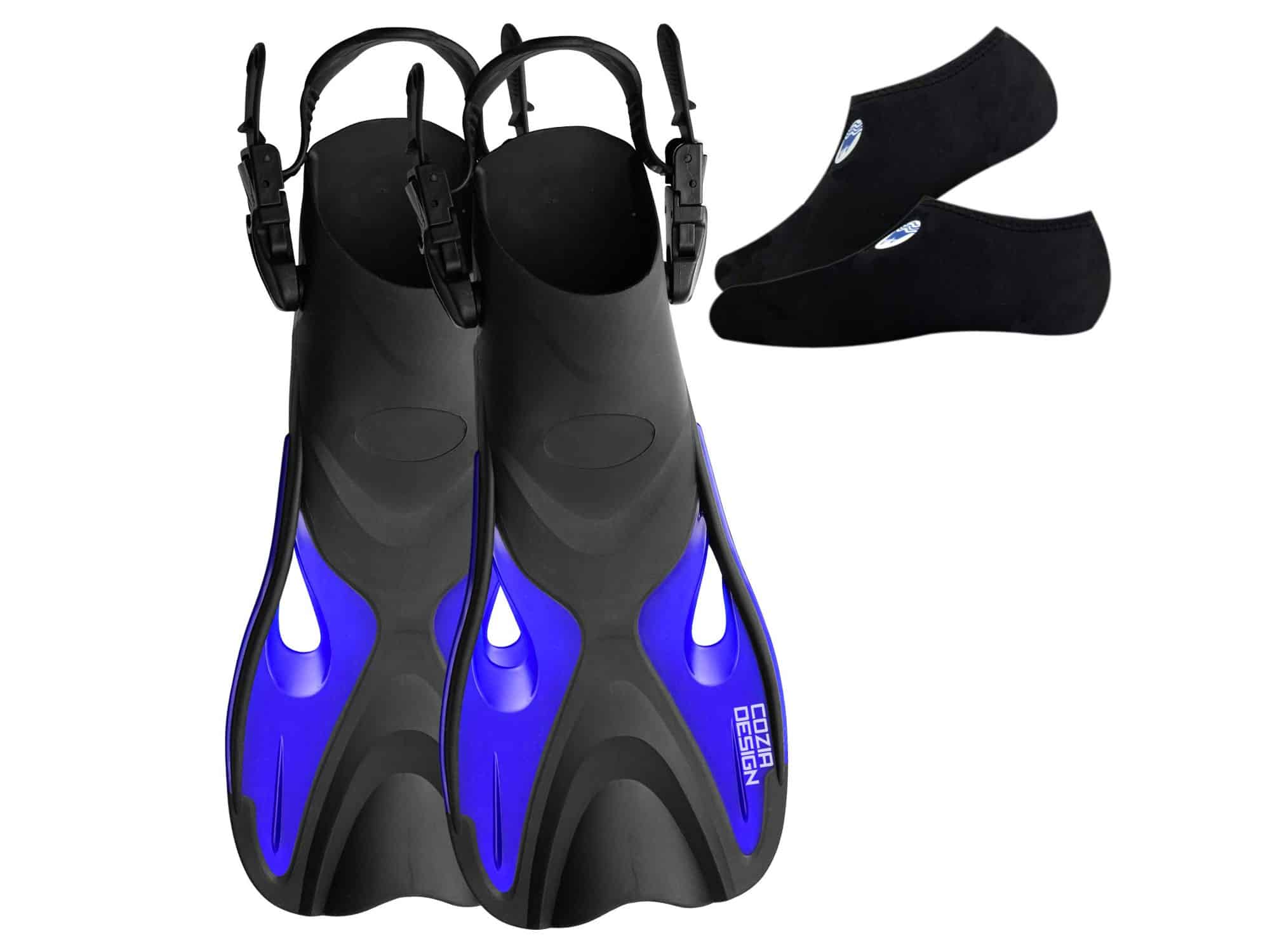 cozia design Adjustable Swim Fins - Snorkel Fins for Lap Swimming, Travel Size Scuba Diving Flippers for Snorkel Set Adult, Neoprene Water Socks Included