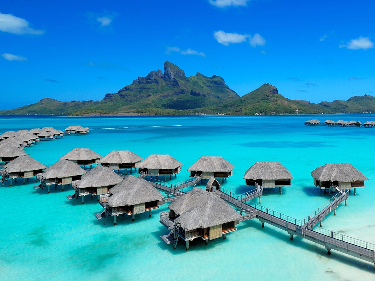 A chain of pier bungalows in the Tahitian islands.