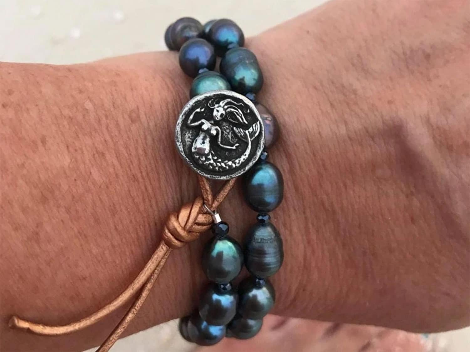 Mermaid Soul pearl and leather wrap bracelet