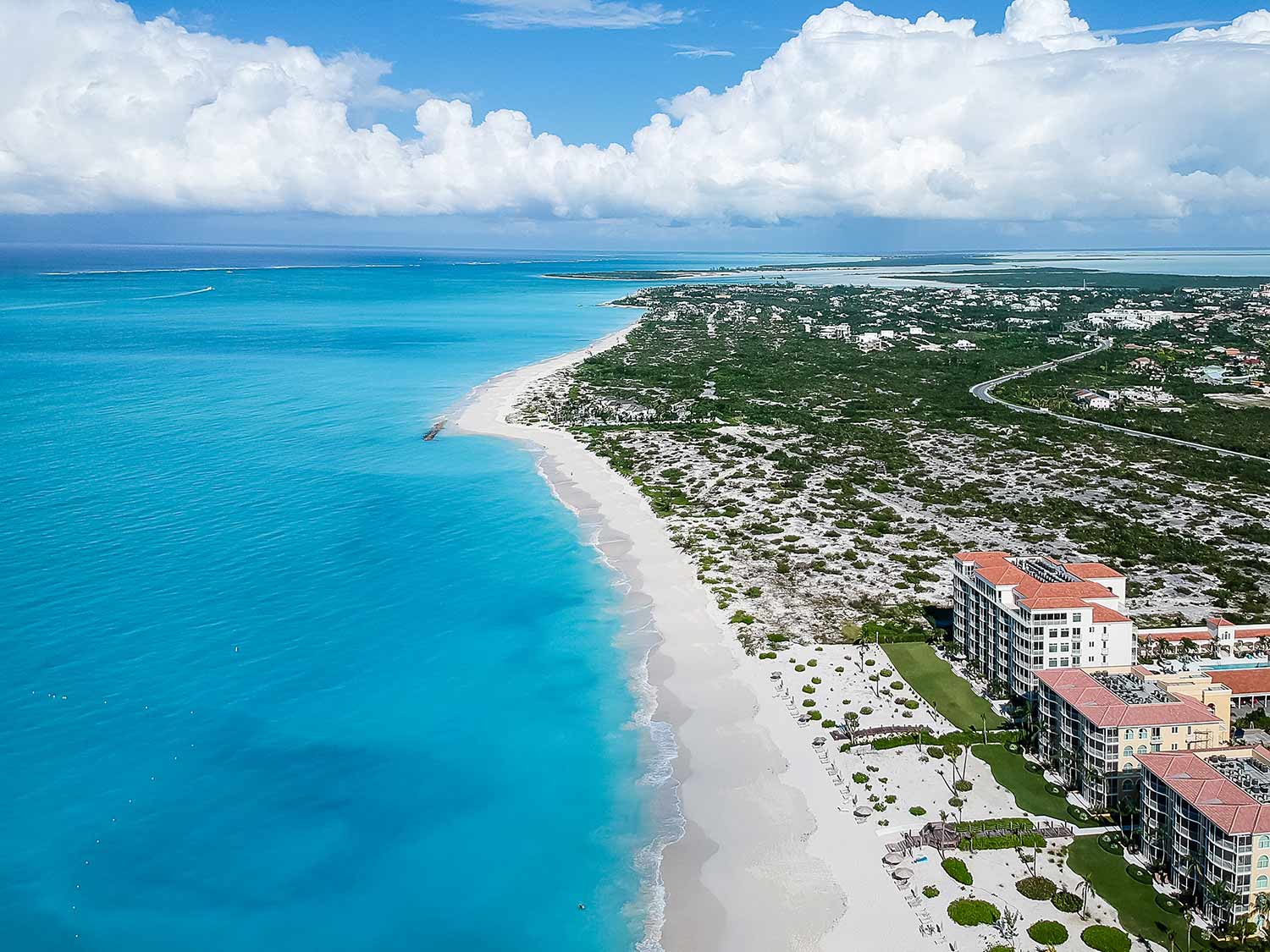 Aerial view of Grace Bay Beach in Turks and Caicos, widely regarded as one of the best beaches in the Caribbean.