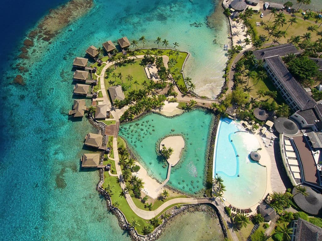 An aerial view of the overwater bungalows at InterContinental Tahiti Resort and Spa