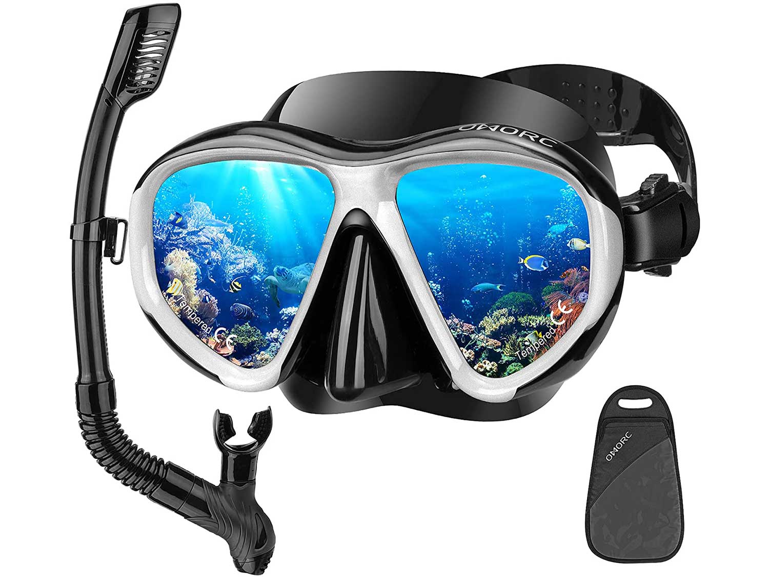 OMORC Adult Snorkel Set, Anti Leak Mask and Snorkel Sets for Adult, Fog-Resistant Panoramic Tempered Glass Diving Mask, Free Breathing Scuba Mask and Snorkel Gear with Carrying Bag for Scuba Diving