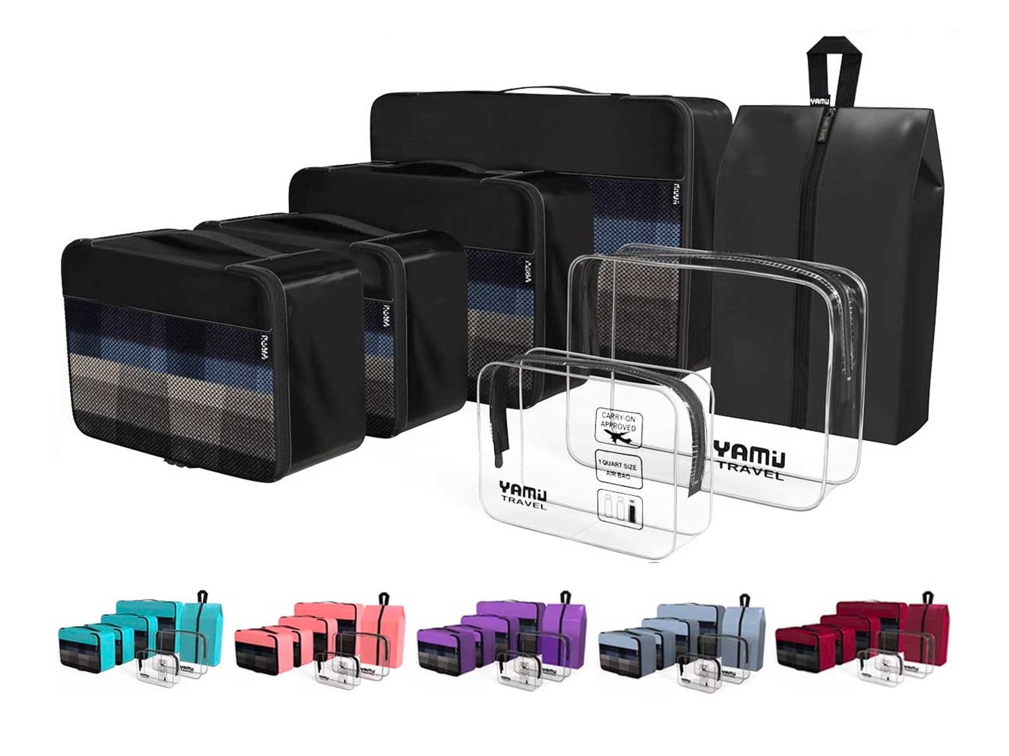 YAMIU Packing Cubes 7-Pcs Travel Organizer Accessories with Shoe Bag and 2 Toiletry Bags(Black)