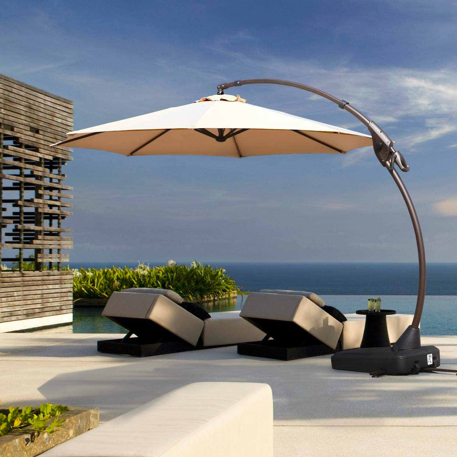 Grand Patio Deluxe NAPOLI 11 FT Curvy Aluminum Offset Umbrella, Patio Cantilever Umbrella with Base, Champagne