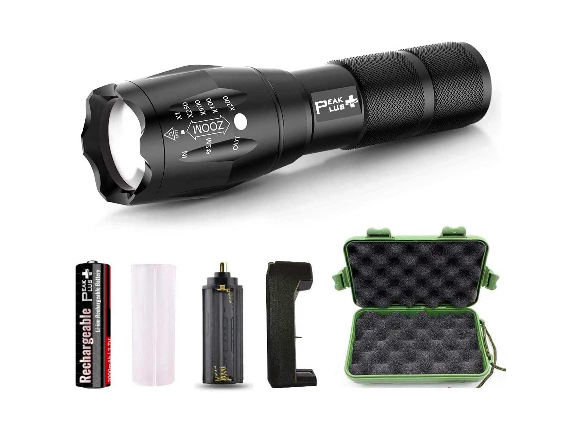 PeakPlus Rechargeable Tactical Flashlight LFX1000 (18650 Battery and Charger Included) - High Lumens LED, Super Bright, Zoomable, 5 Modes, Water Resistant - Best Camping, Emergency Flashlights