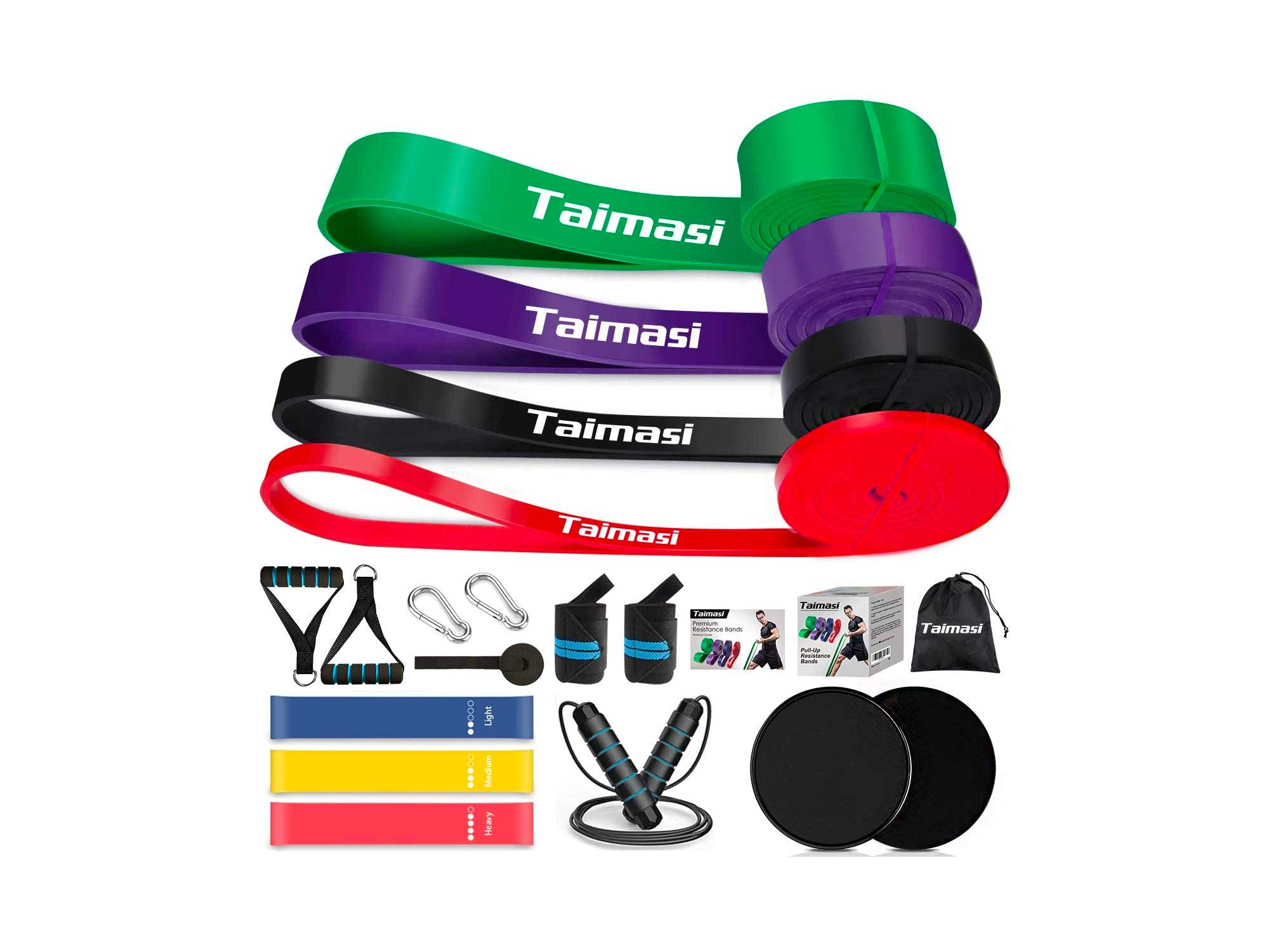 TAIMASI 19PCS Resistance Bands Set Workout Bands - 5 Pull Up Bands, 5 Exercise Resistance Loop Bands, 2 Core Sliders, Jump Rope, Handles, Door Anchor, Wrist Wraps for Body Stretching/Power Training