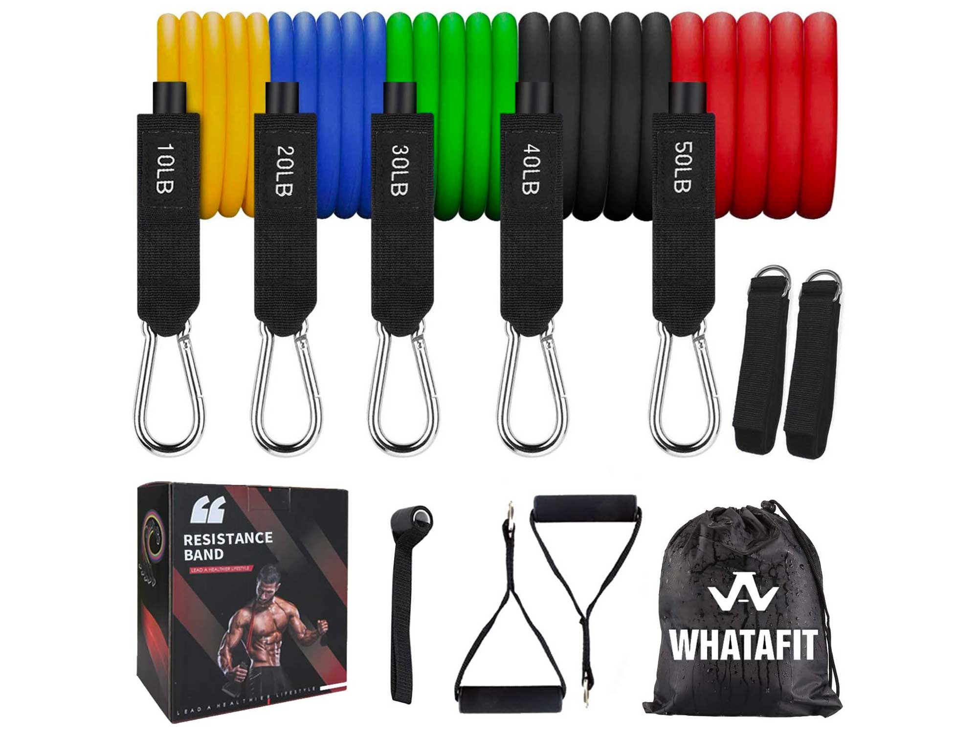 Whatafit Resistance Bands Set (11pcs), Exercise Bands with Door Anchor, Handles, Waterproof Carry Bag, Legs Ankle Straps for Resistance Training, Physical Therapy, Home Workouts