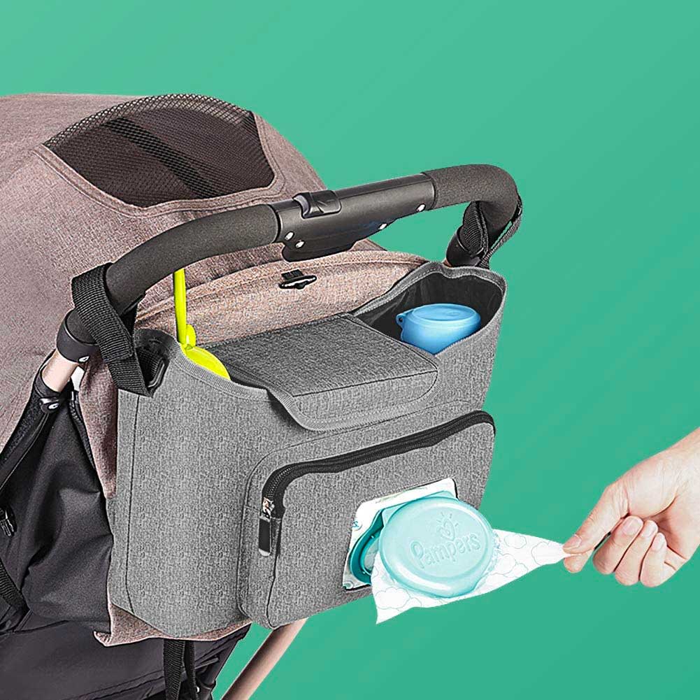 Baby Stroller Organizer - Stroller Accessories Bag Large Space with 2 Cup Holders Multiple Zipper Pockets for Bottle, Diaper, Phone, Toys, Baby Items - Fits All Strollers, Easy Installation