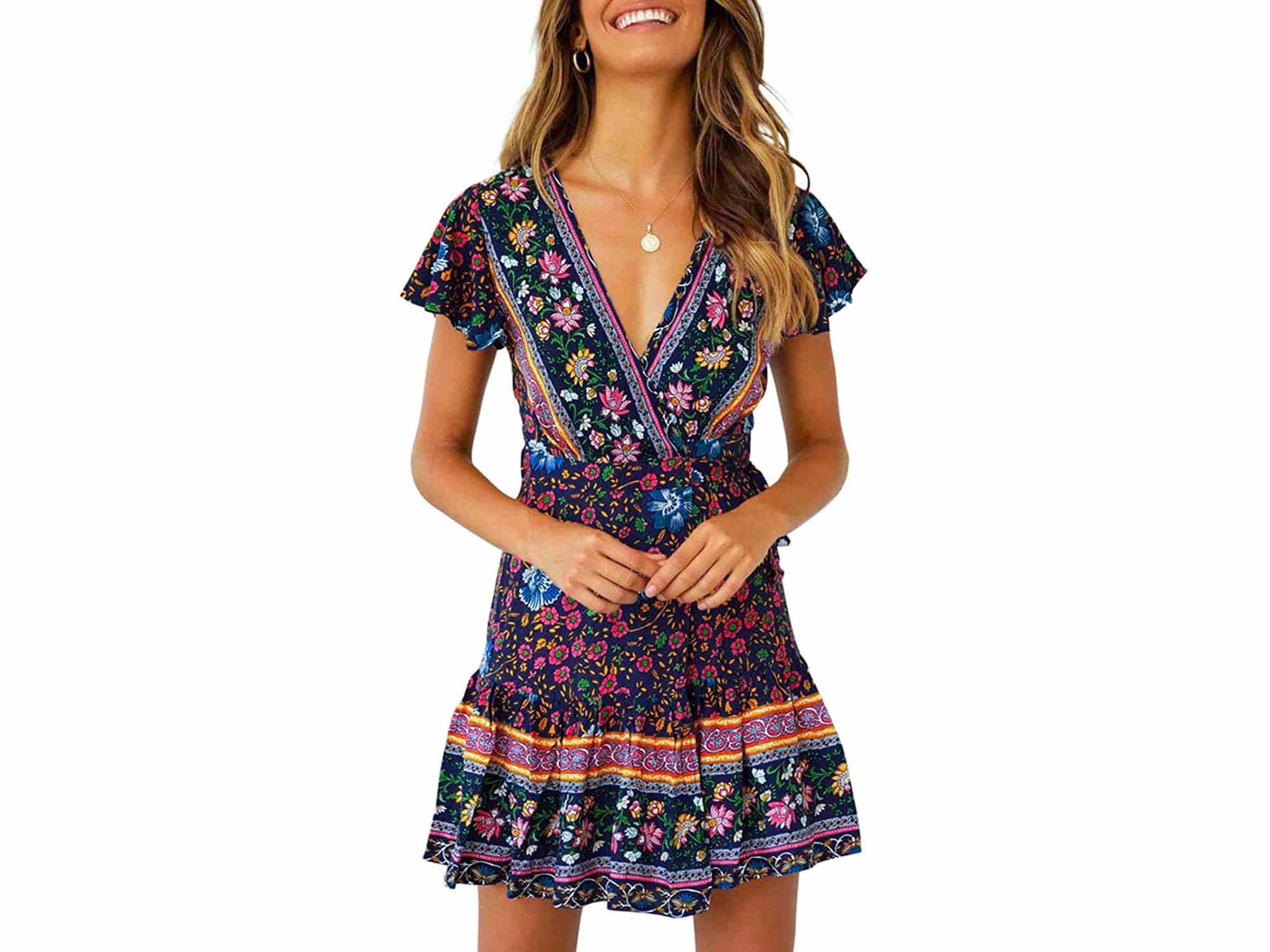 ZESICA Women's Summer Wrap V Neck Bohemian Floral Print Ruffle Swing A Line Beach Mini Dress
