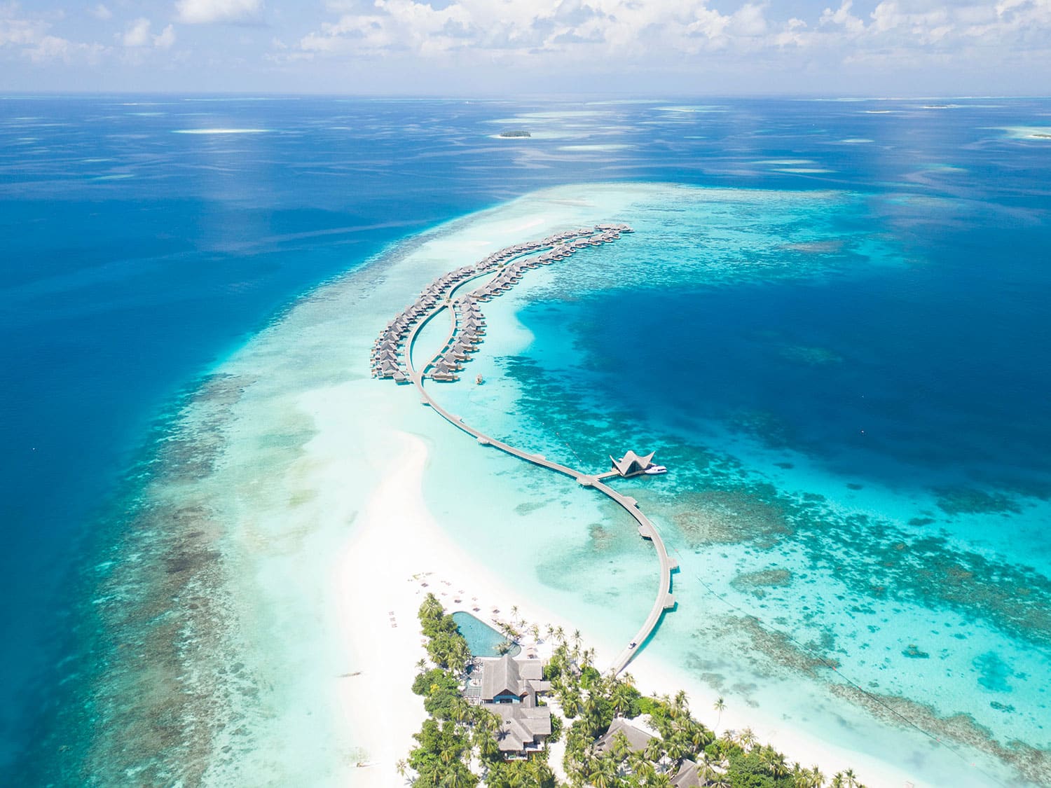 Aerial view of a tropical island in the Maldives.