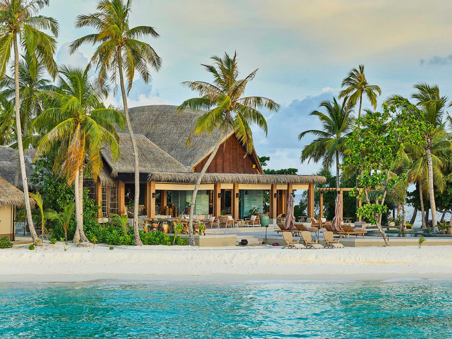 An island beach resort surrounded by palm trees.
