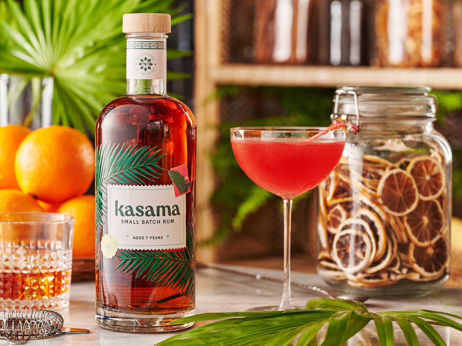 A rum cocktail on a table.