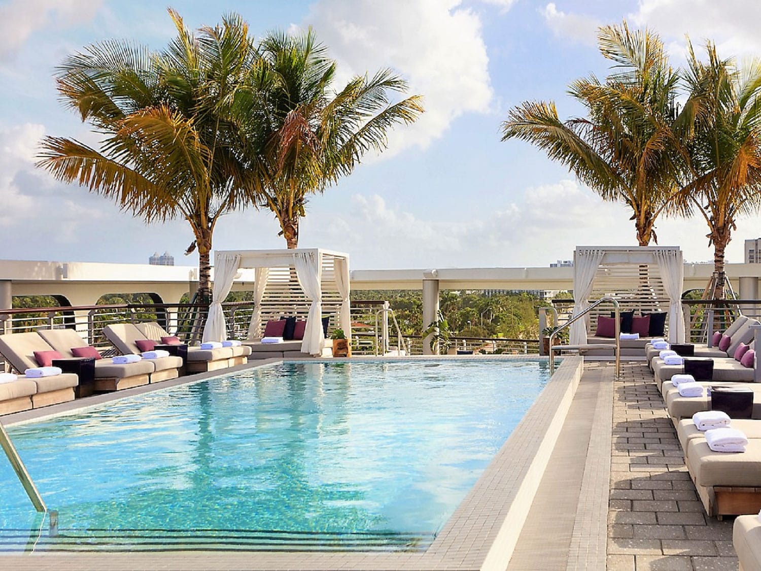 A resort-style lounge pool surrounded by palms at Kimpton Palomar South Beach.