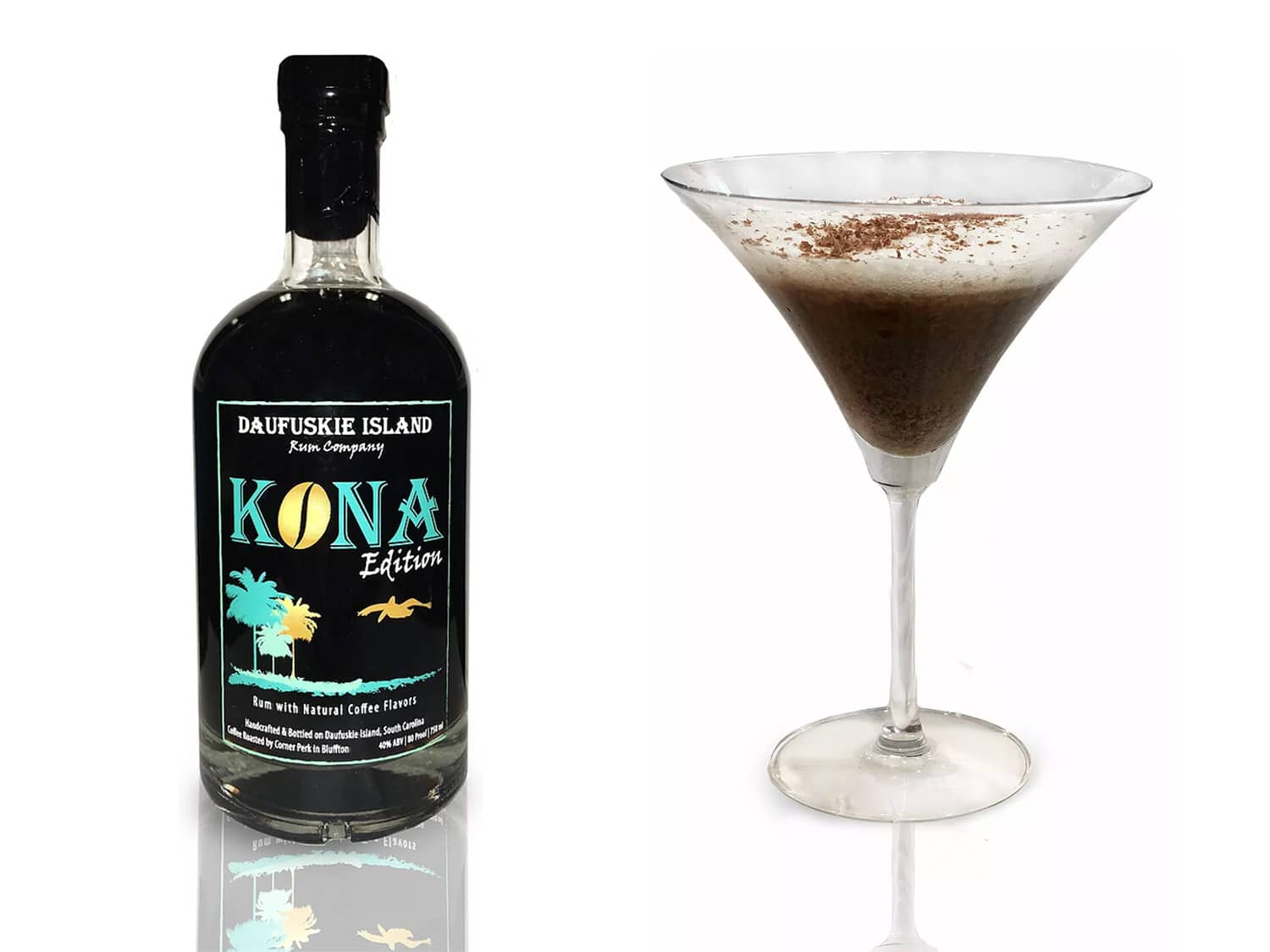 A bottle of Kona liquor next to a martini glass.