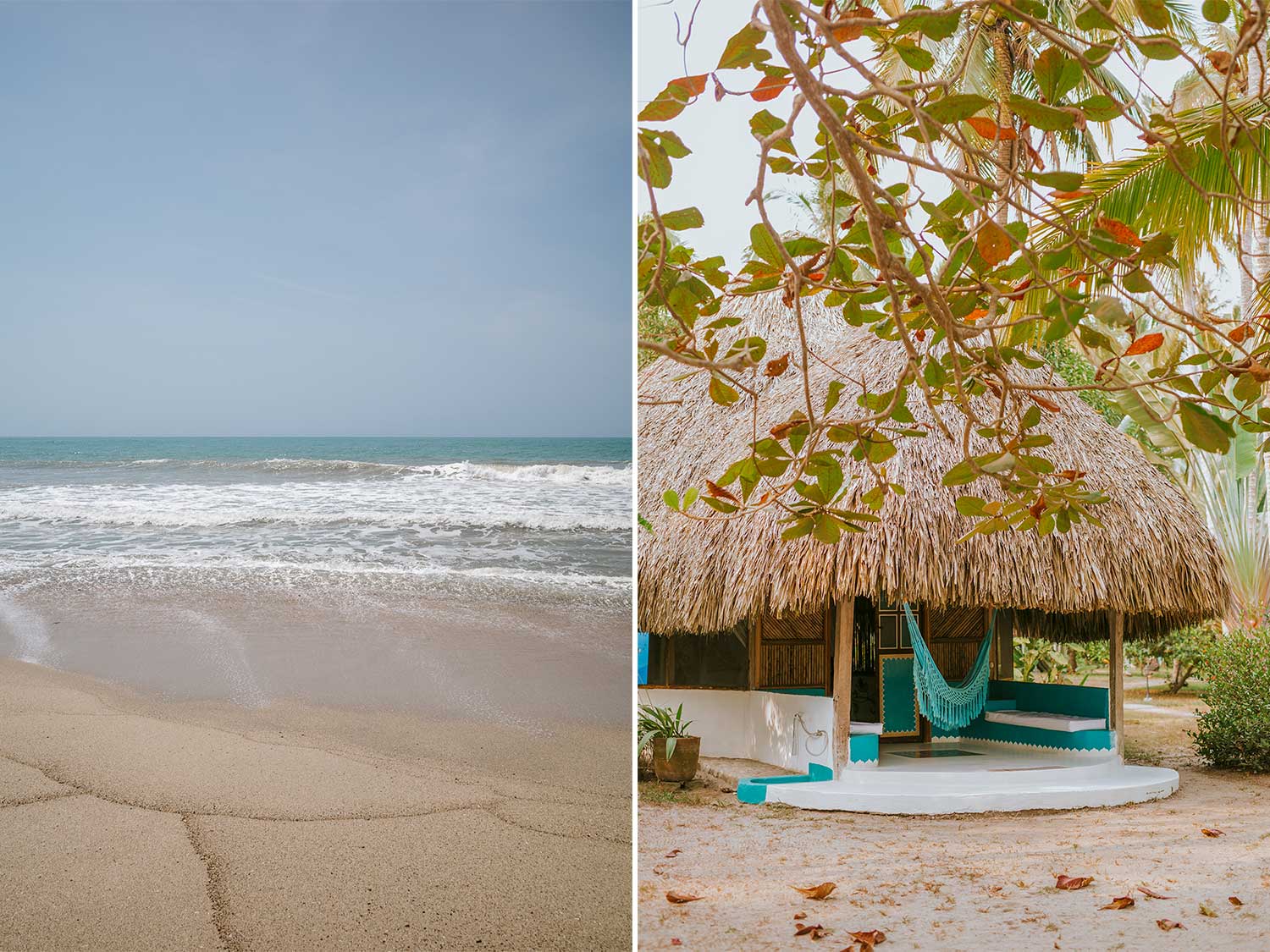 A side by side image of a beach shoreline and a private bungalo at Koralia beach.