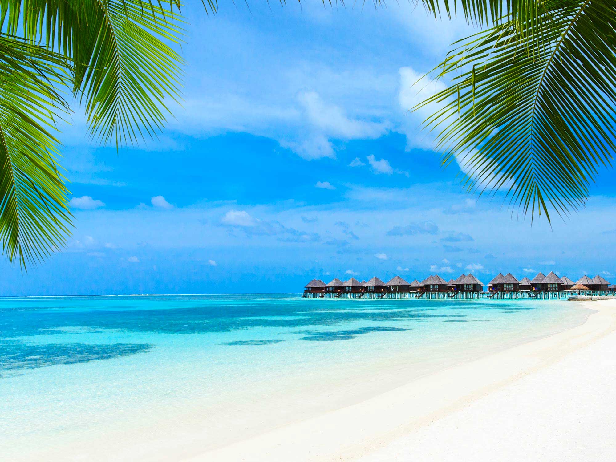 Maldives beach with overwater bunglows
