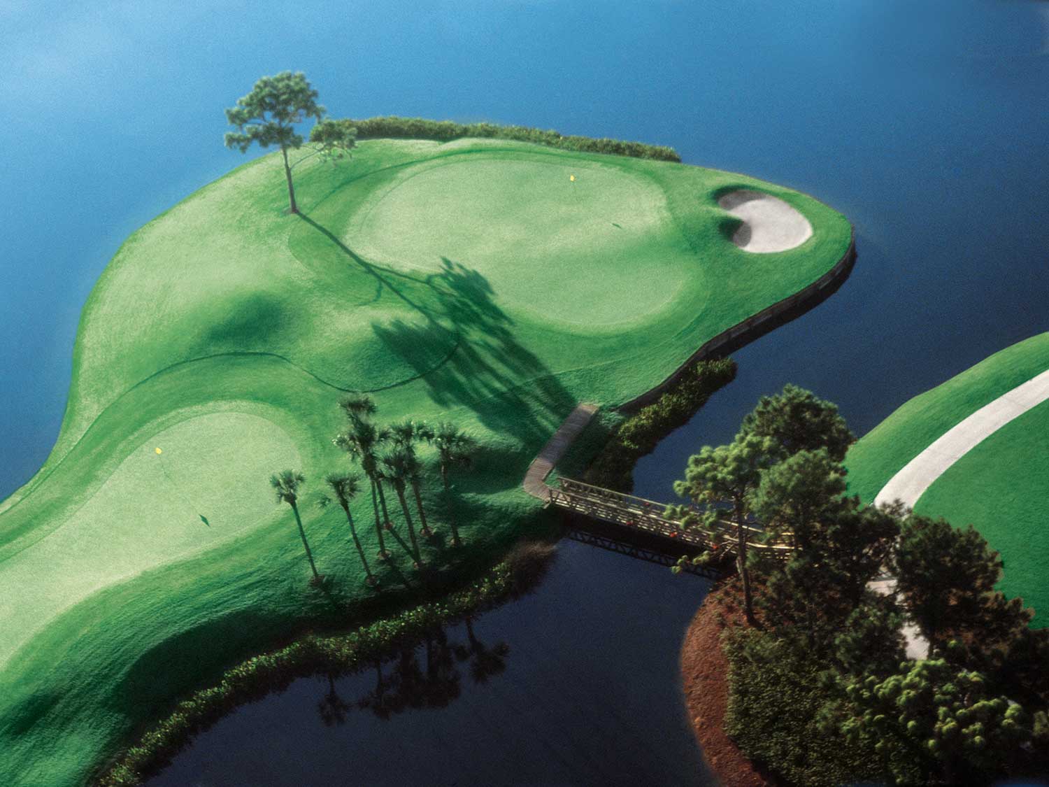 A golf course by the water.