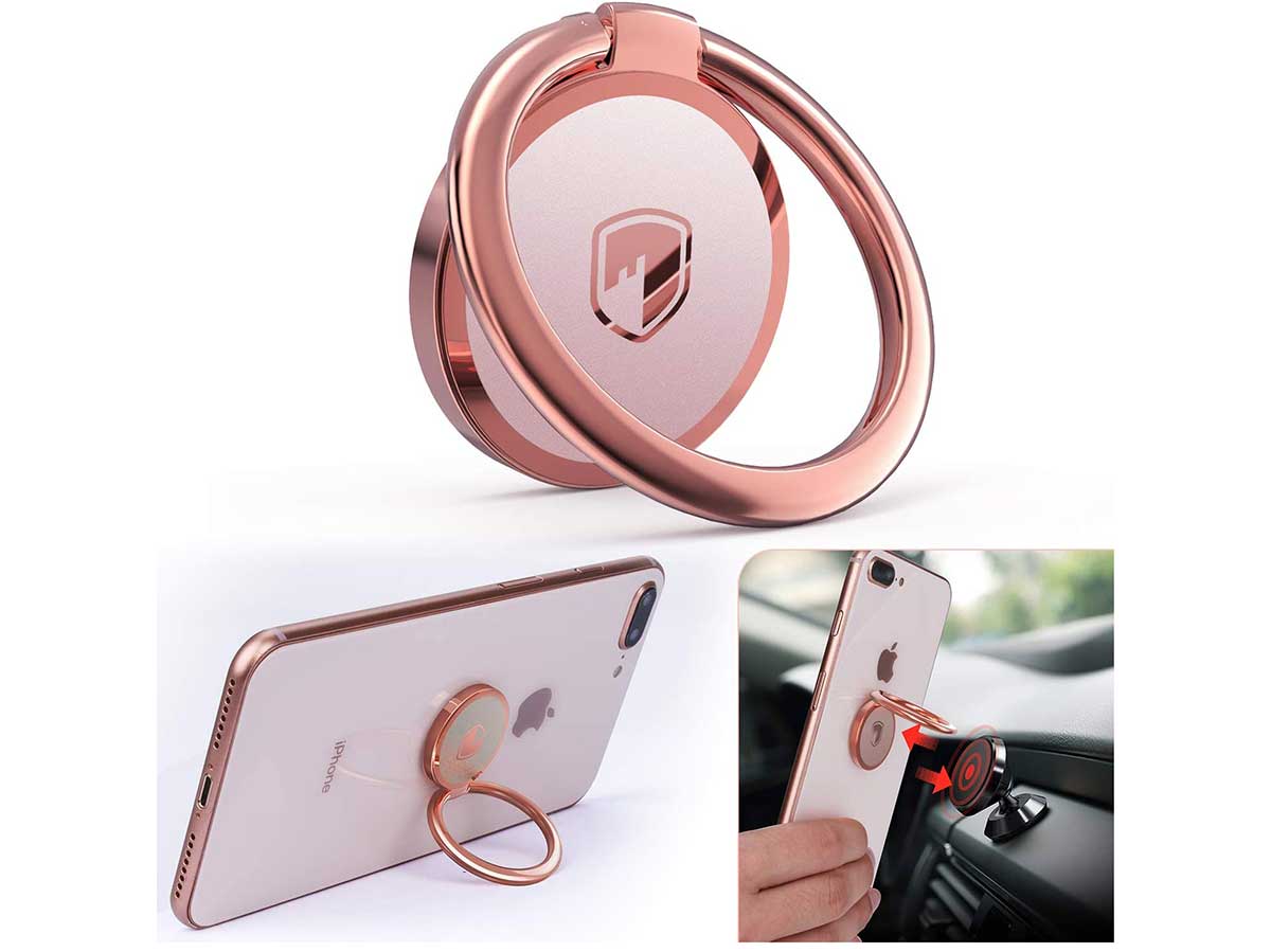 Phone Ring Holder Finger Kickstand - FITFORT 360° Rotation Metal Ring Grip for Magnetic Car Mount Compatible with All Smartphone-Rose Gold