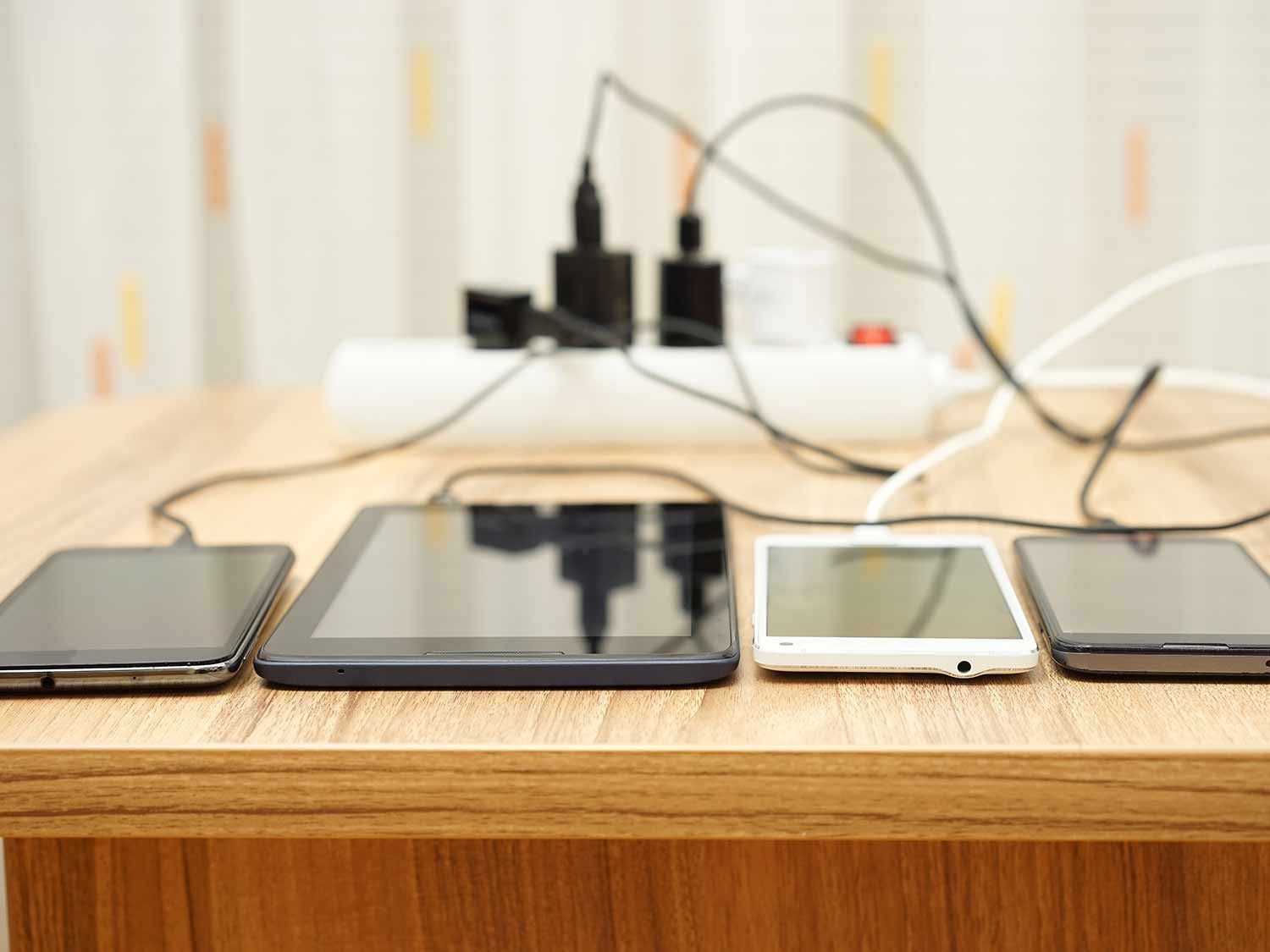 Devices plugged into a power strip.
