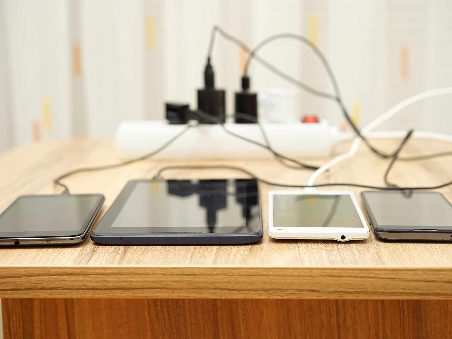Devices plugged into a power strip.