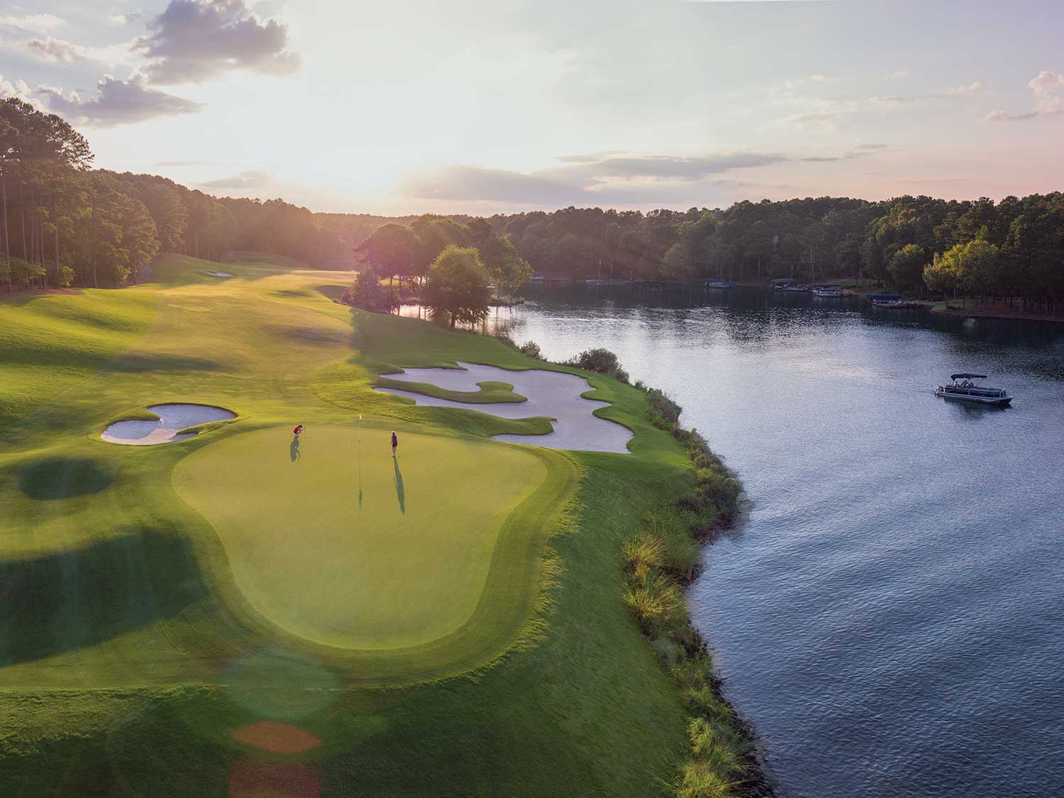 An aerial view of a hole on one of the six amazing golf courses at Reynolds Lake Oconee.