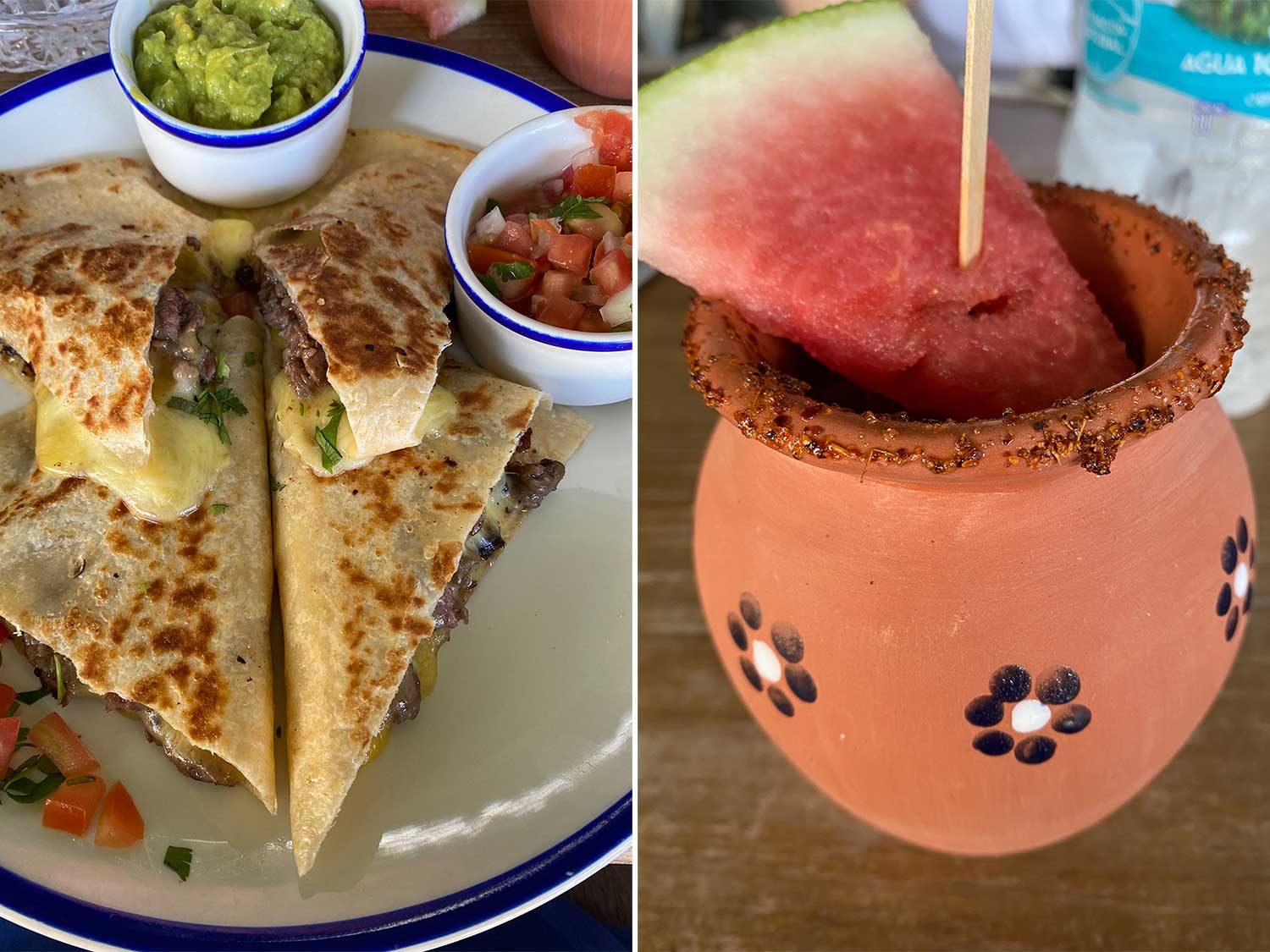 A plate of quesadillas next to a watermelon cocktail at Marriot Cancun Resort.