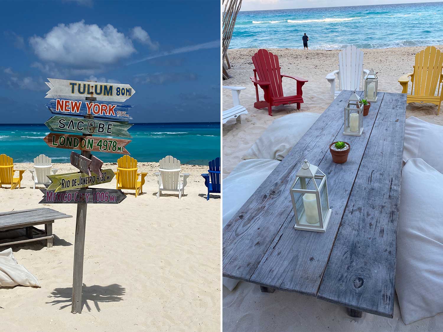 A sign on a beach and a wooden table at Marriot Cancun Resort.