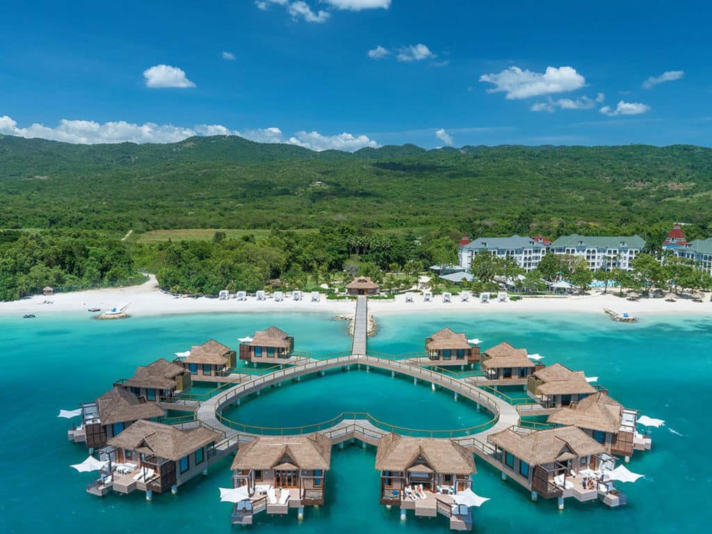 Sandals South Coast heart-shaped pier with overwater bungalows.