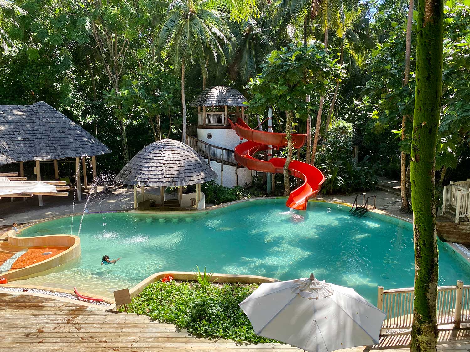 A swimming pool with a slide surrounded by lush greenery.