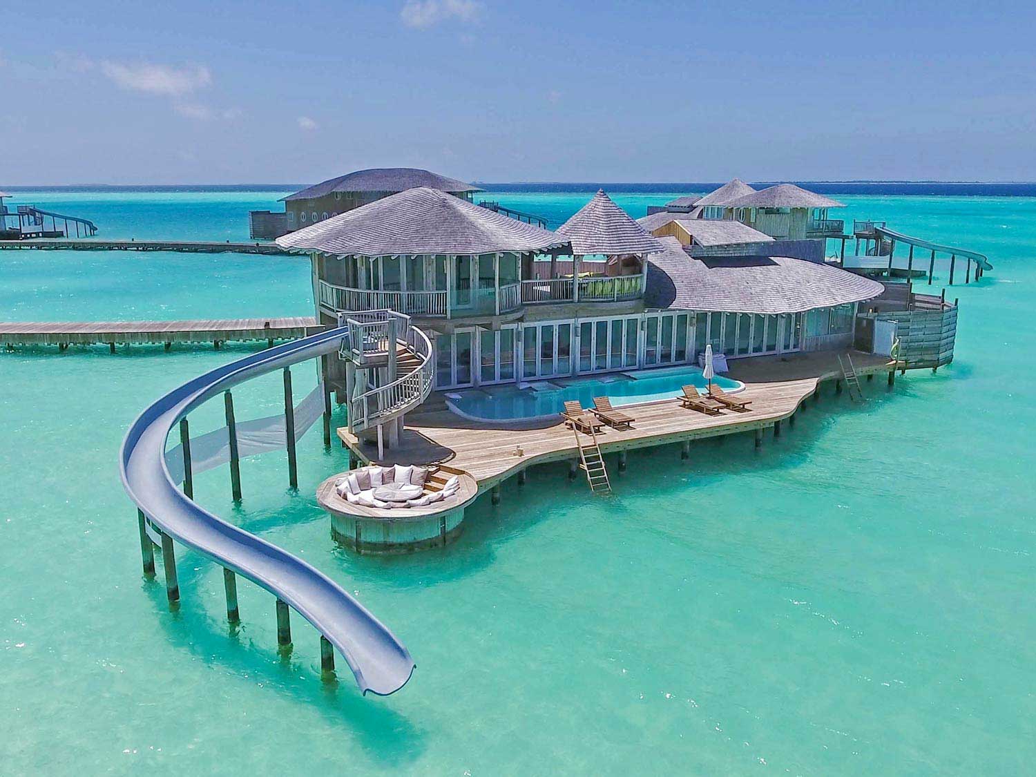 Aerial view of Soneva Jani overwater bungalow resort