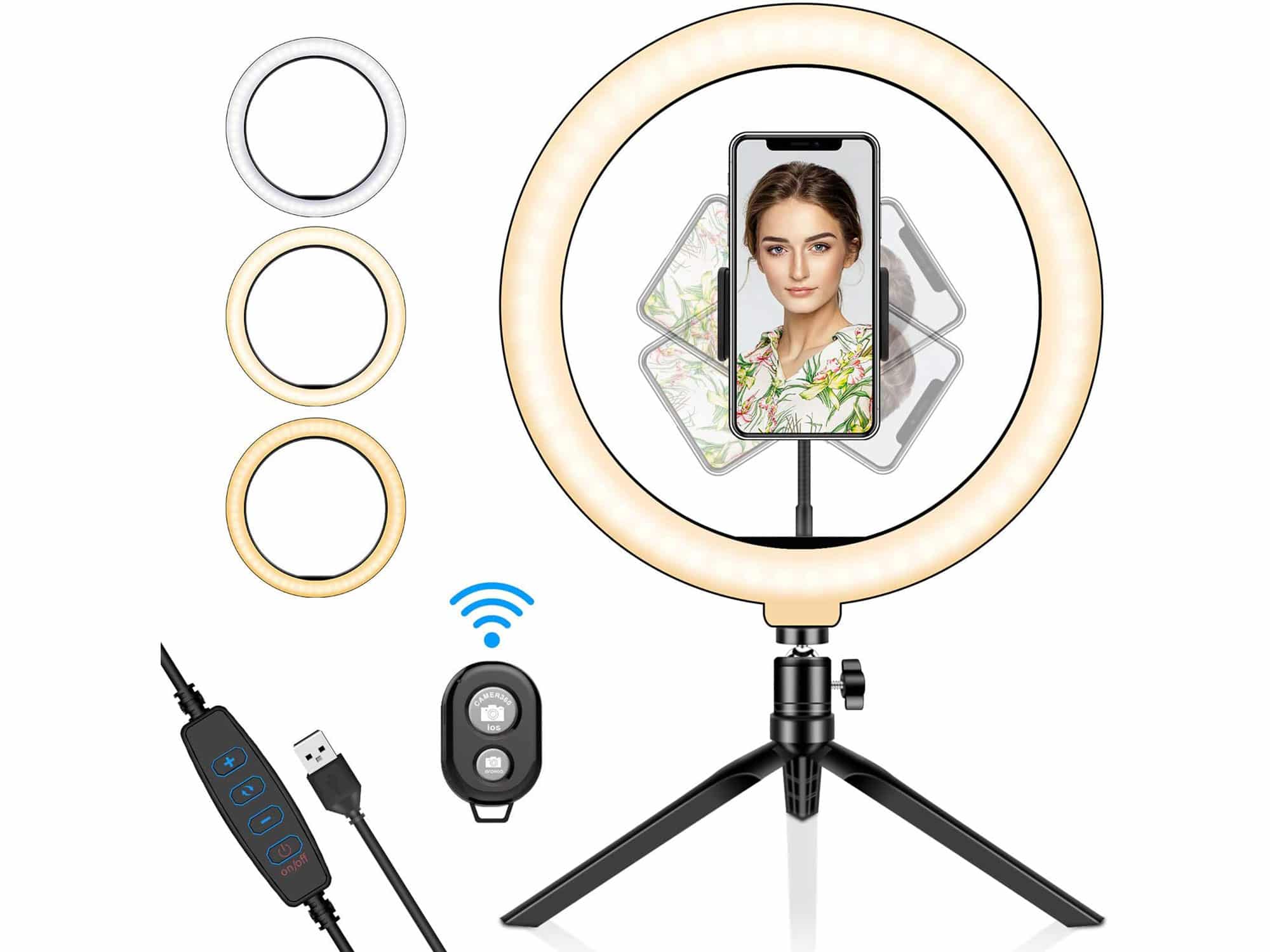 SYOSIN Ring Light with Tripod Stand and Phone Holder, 10.2'' LED Desktop Selfie Ring Light with Remote Control for Live Streaming YouTube Video Dimmable LED Makeup Ring Light with 3 Colors Mode